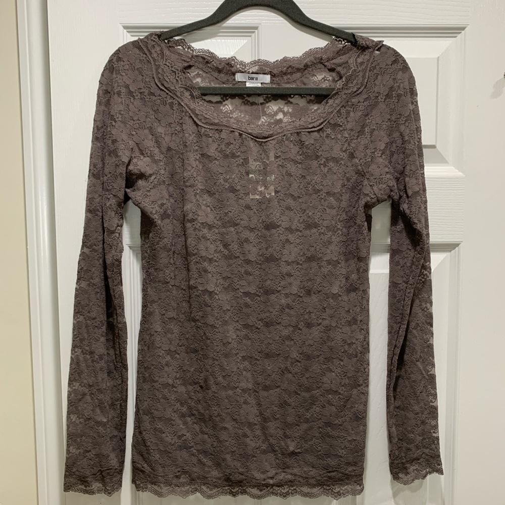 Bar III Sheer Lace Long Sleeve Top